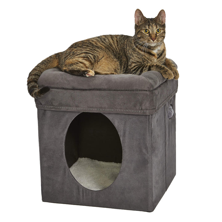 Katzenhöhle, 39,4 x 39,4 x 42 cm, faltbares Katzenversteck mit Spielzeug, gepolstertem Bett oben, gr