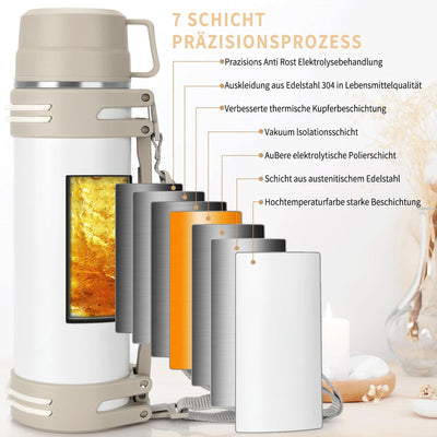 Thermosflasche 1,2L, Thermoskanne mit 2 Becher, Doppelwand aus Edelstahl Isolierflasche, Auslaufsich