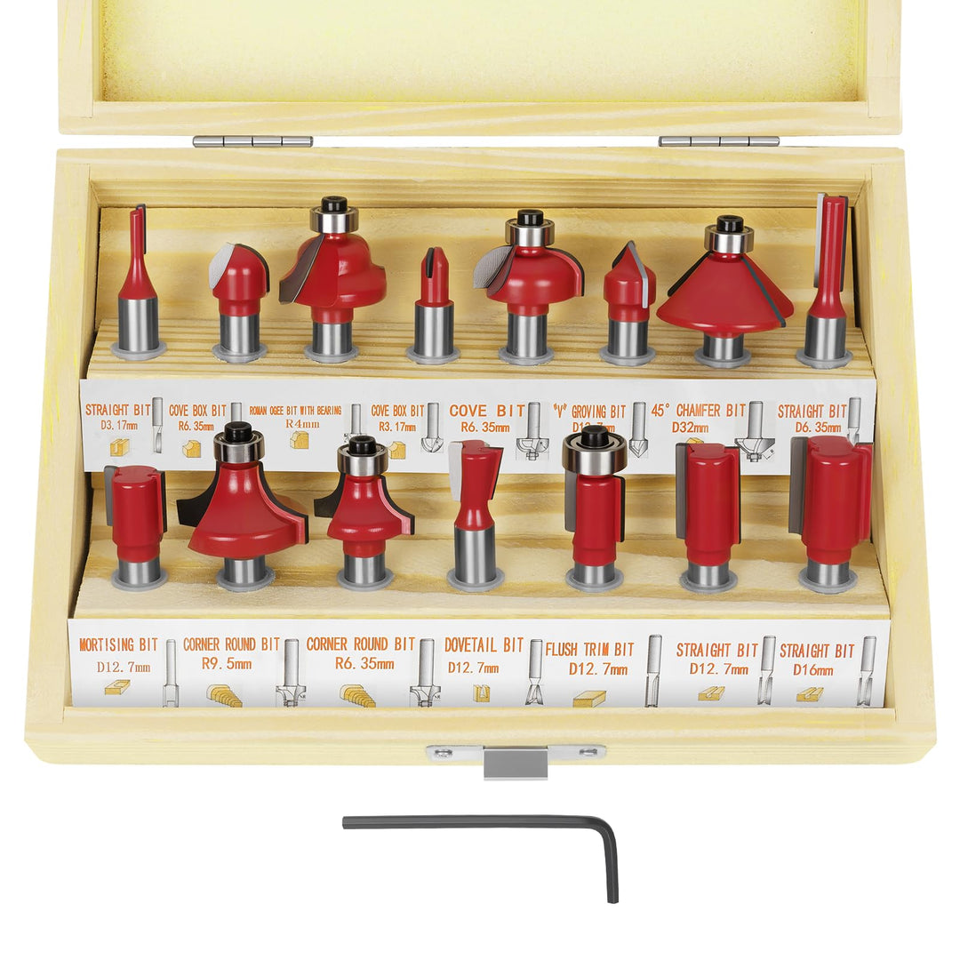 flintronic Fräser-Set, 8MM Fräsen Werkzeug Set, 15-TLG Holzkoffer Geschmiedeter Werkzeugstahl Oberfr