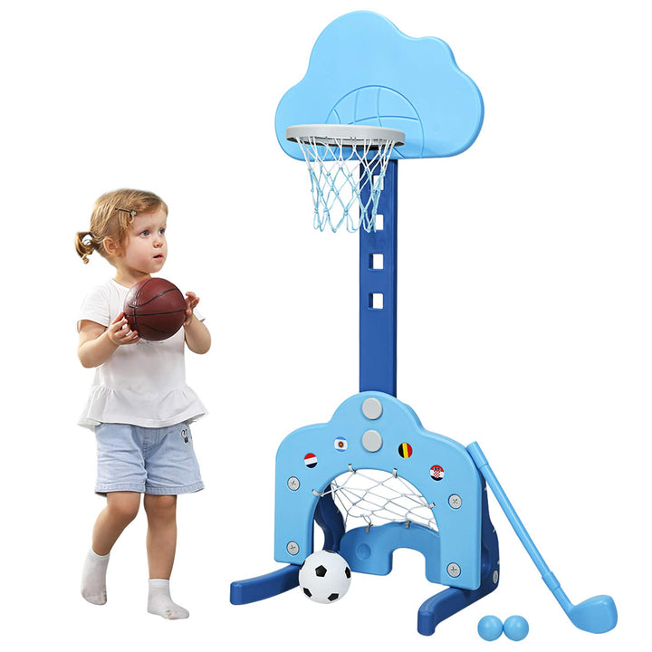 COSTWAY 3 in 1 Kinder Spielplatz, höhenverstellbarer Basketballkorb &amp; Fussballtor &amp; Golf, Basketball