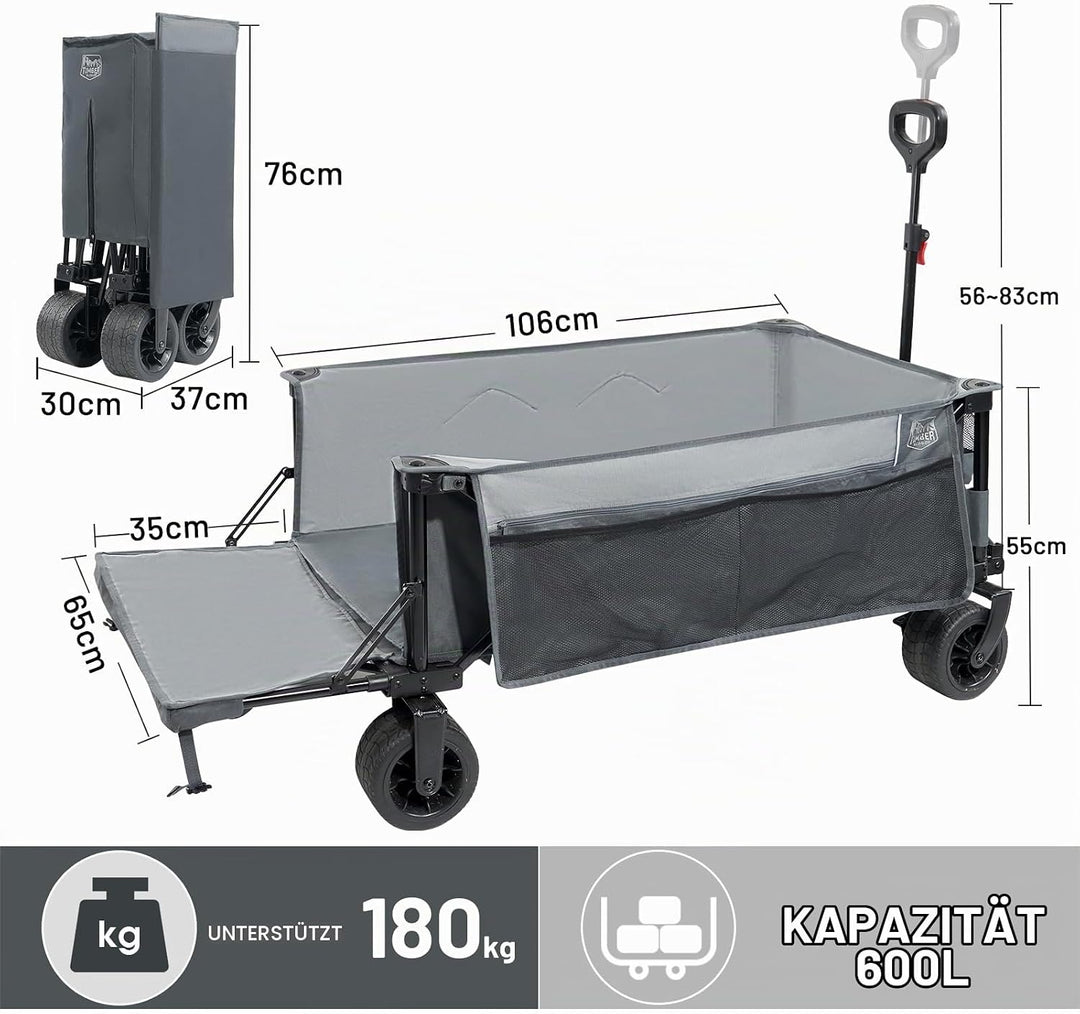TIMBER RIDGE Bollerwagen Faltbar 600L Extra lang mit Heckklappe Breite Reifen Bremse 180kg Belastbar