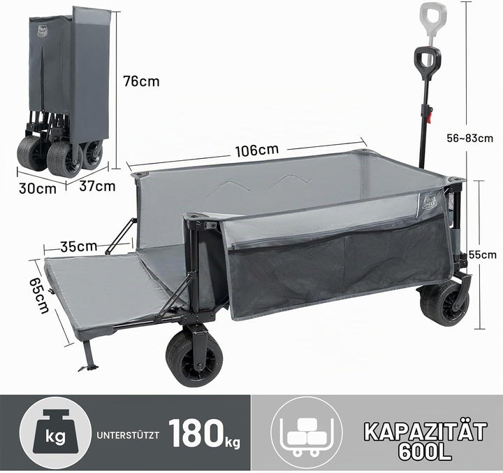 TIMBER RIDGE Bollerwagen Faltbar 600L Extra lang mit Heckklappe Breite Reifen Bremse 180kg Belastbar