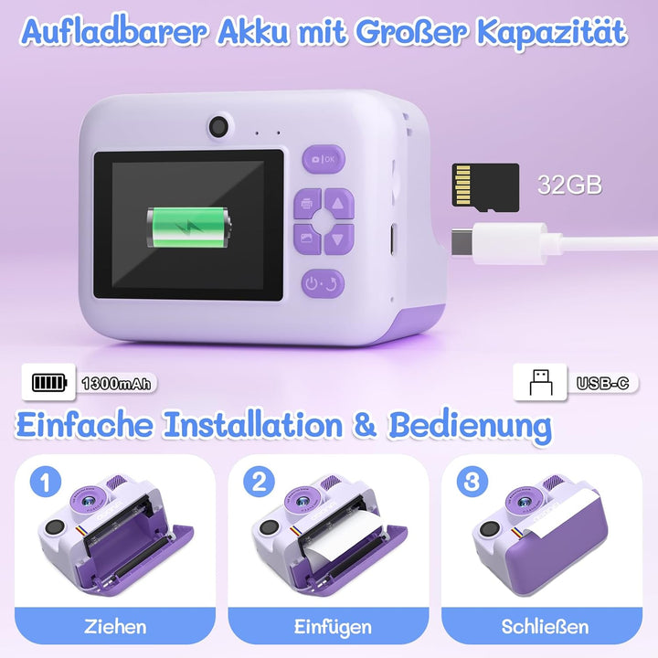 Kinderkamera Sofortbildkamera, 1080P Sofortbildkamera Kinder mit 32GB Karte & 3 Rollen Druckpapier,