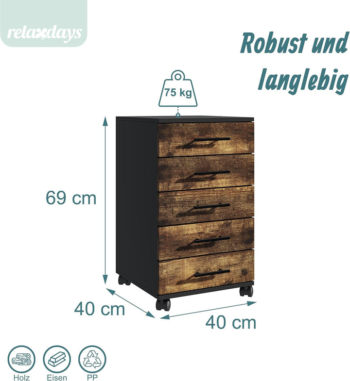 Relaxdays Rollcontainer, 5 Schubladen, HxBxT: 69 x 40 x 40 cm, Aktenschrank auf Rollen, Bürocontaine