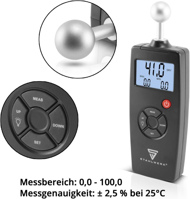 STAHLWERK FM-100 ST Profi Feuchtigkeitsmessgerät mit 40 mm Messtiefe und Kugelkopf, präziser Feuchti