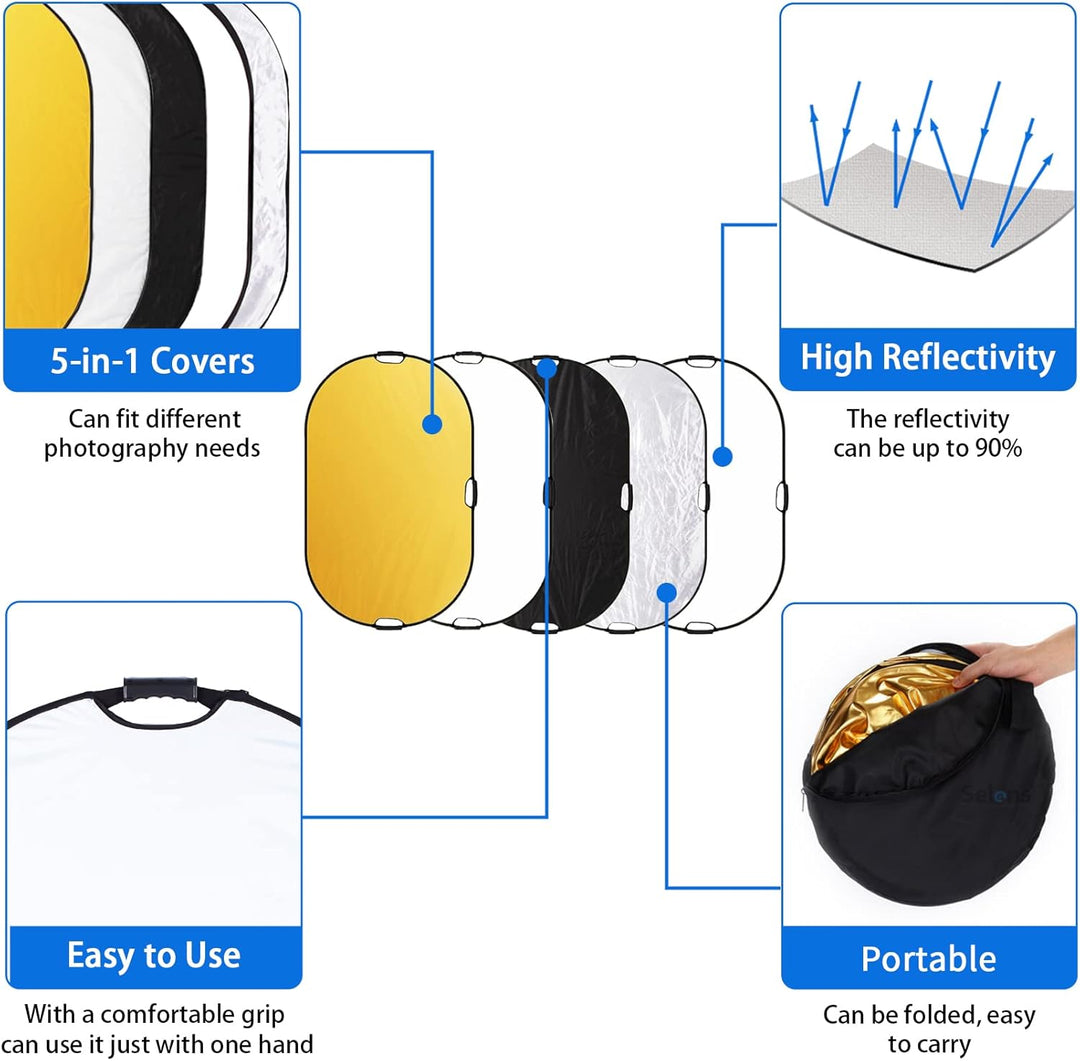 Selens 5-in-1 120x180cm Oval Reflektor Tragbarer Faltbarer für Fotografie Fotostudio Beleuchtung und
