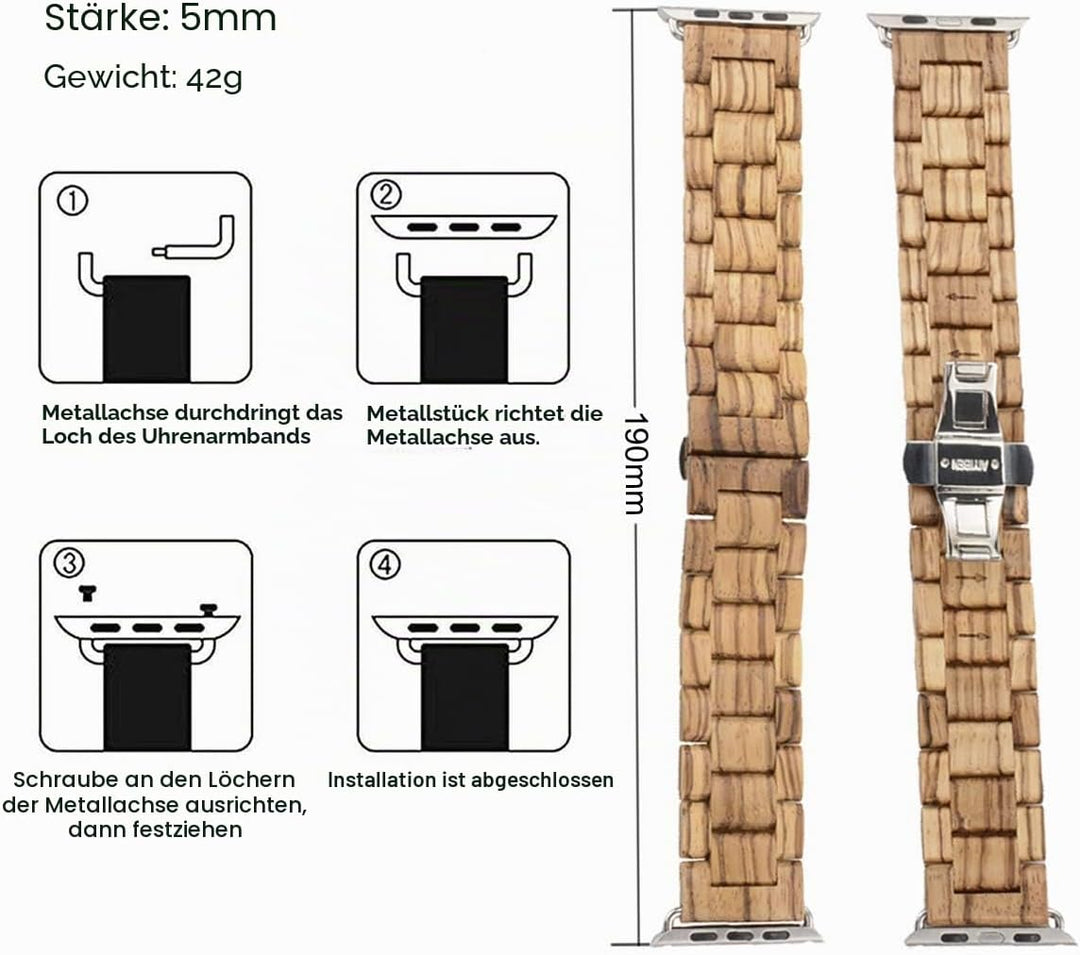 AIYIBEN Uhrenarmband aus Holz 38mm/40mm/41mm mit Schmetterlingsschnalle aus Edelstahl, kompatibel mi