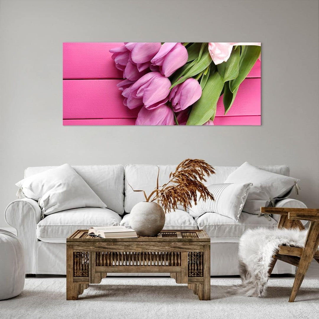 Wandbilder Dekoration Wohnzimmer Tulpen Blumenstrauss Garten Panorama Bilder auf Leinwand 120x50cm L
