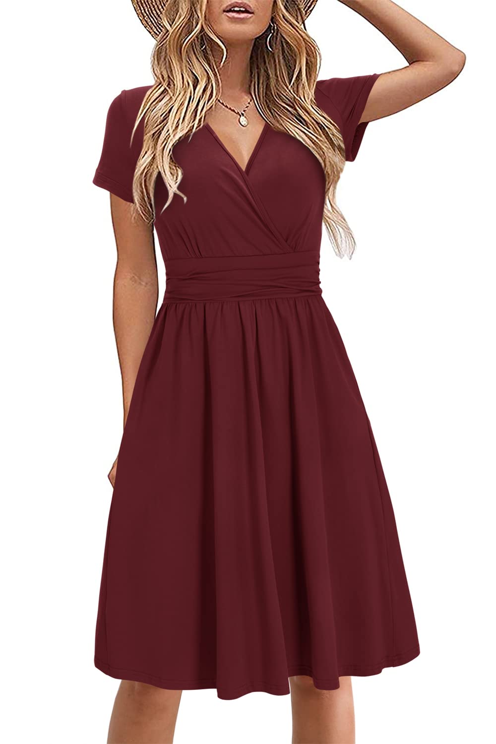 STYLEWORD Damen Sommerkleid Kurzarm V-Ausschnitt Kleider Blumenmuster Kleid Wickelkleid Mit Taschen