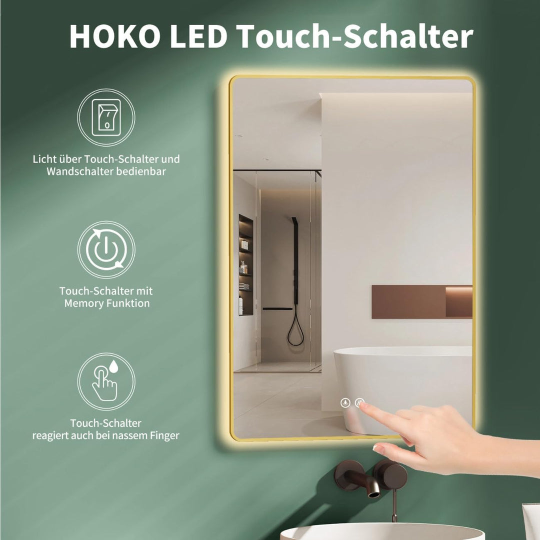 HOKO Anti-Fog LED Badspiegel 100x70 cm / 70x100 cm Ohio mit Goldener Metallrahmen, HOCH+QUER Montage