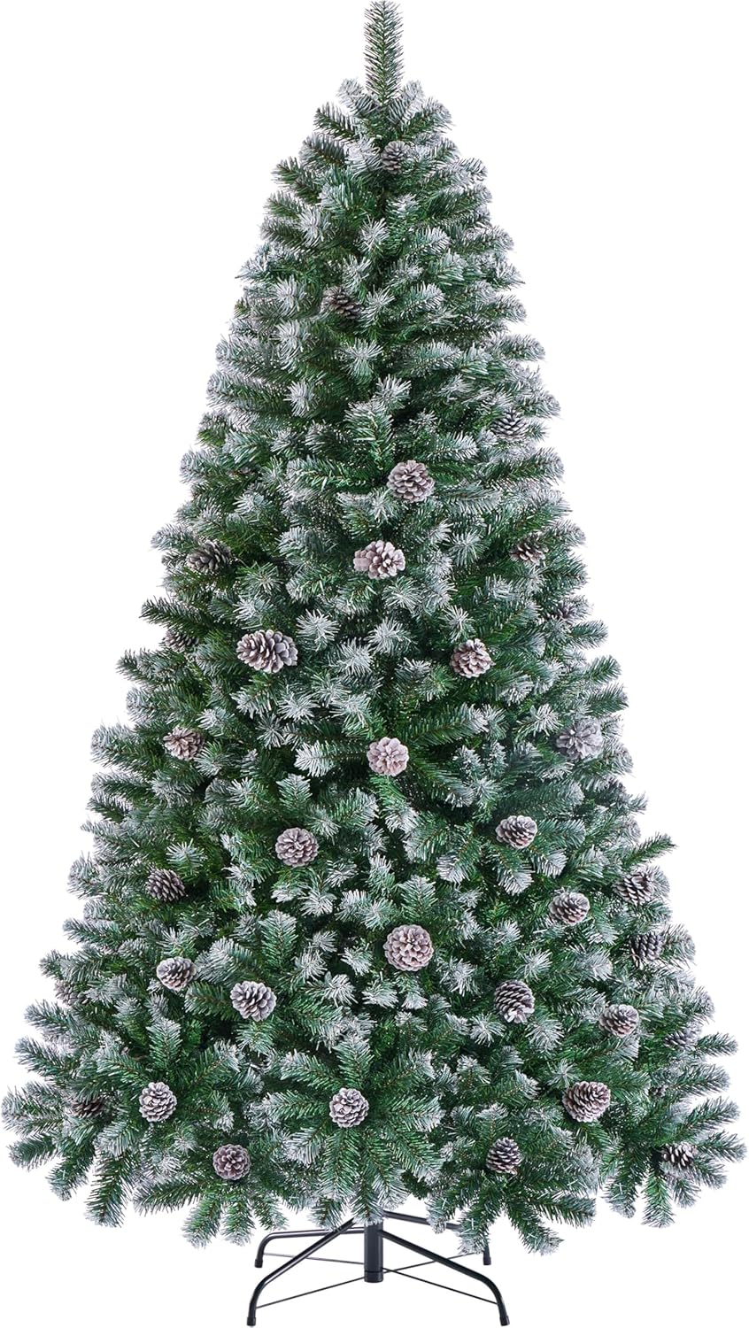Yaheetech 228 cm künstlicher Weihnachtsbaum mit Schnee und 82 Kiefernzapfen (Ø ca.132 cm) 1346 Spitz