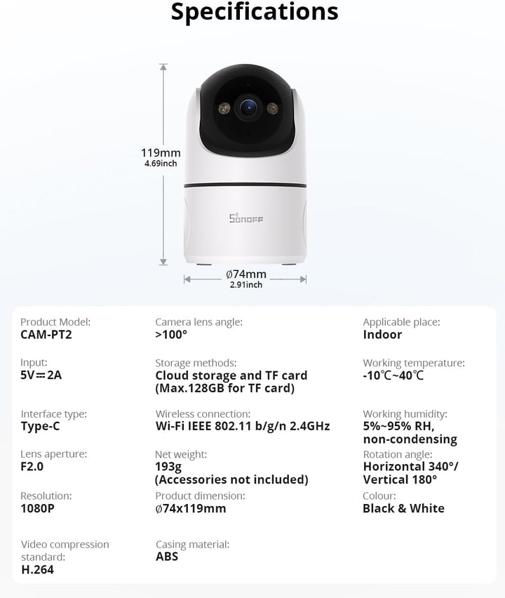 SONOFF Indoor Überwachungskamera 1080P, CAM-PT2 Schwenk-/Neige-WLAN-Kamera mit 360°-Sicht, Bewegungs