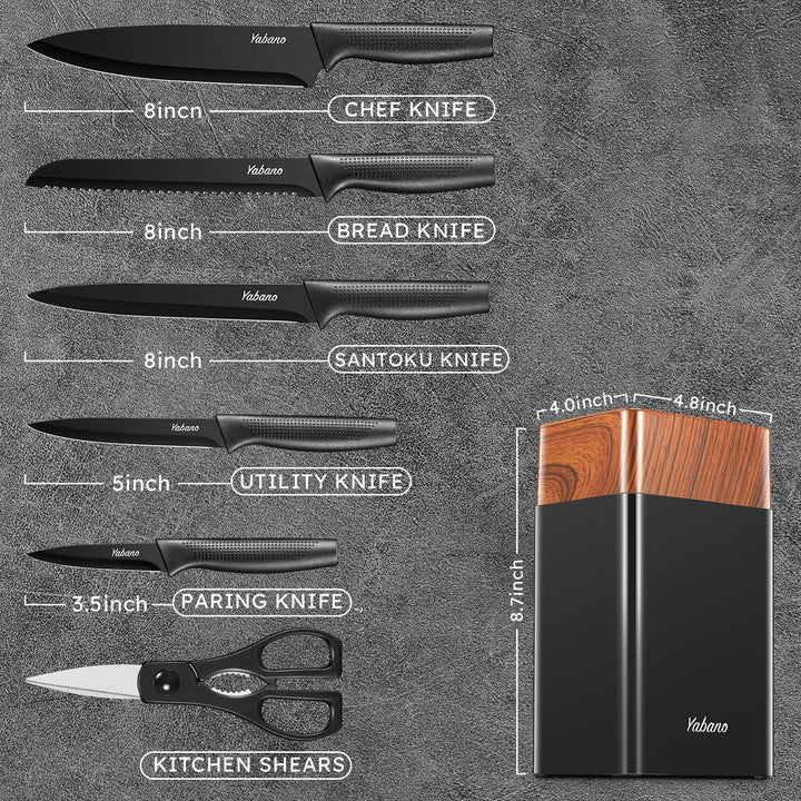 Yabano Messerblock Set, 7 teilig Messerset mit Messerblock und integriertem Messerschärfer,Küchenmes