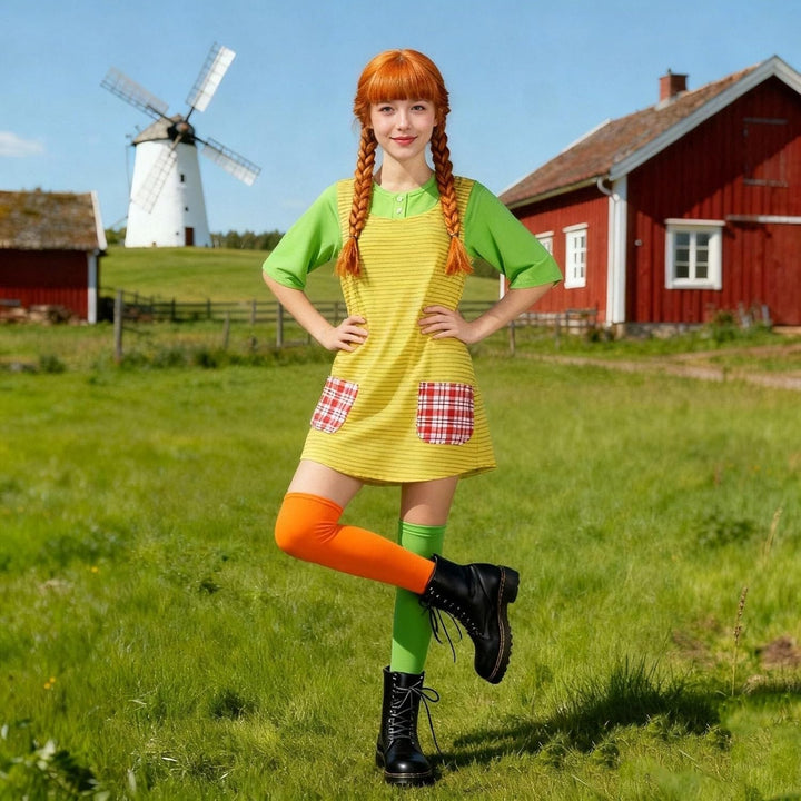 Fasching Kostüm Kinder Mädchen, Langstrumpf Cosplay Kostümset mit Langen Kindersocken S #Z-damen 01,