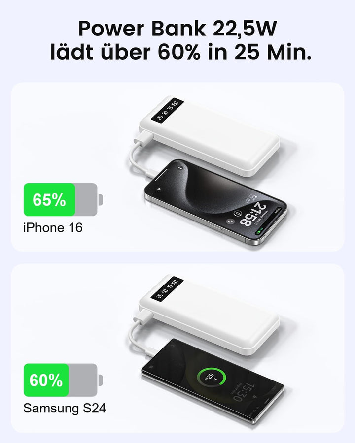Powerbank 26800mAh 22.5W mit 4 Kabel, Power Bank USB C Schnellladefunktion mit LED Display & Halteru