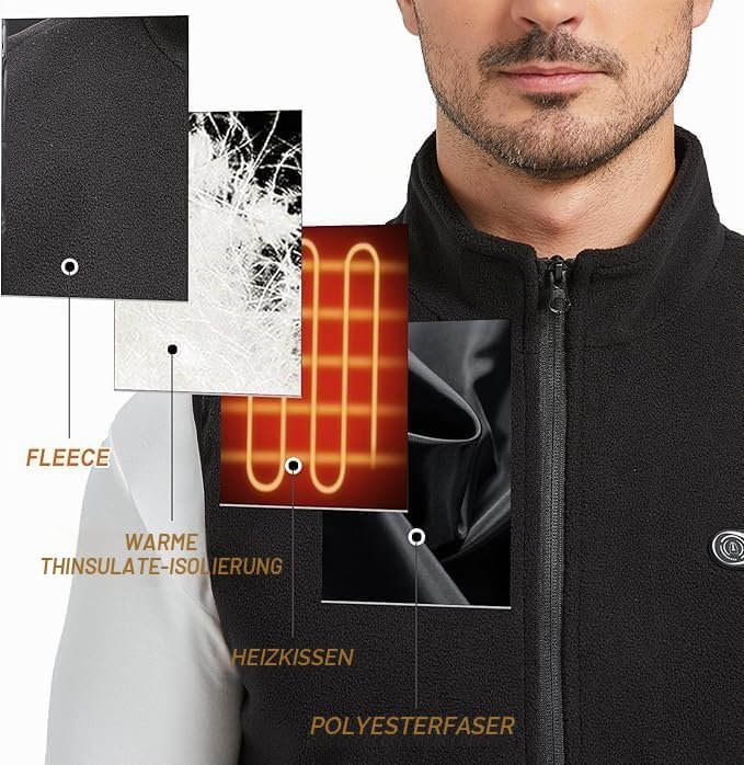Techstuph Fleece Beheizbare Weste Herren, 3 Stufen einstellbar 5 Heizzonen Beheizte Weste Beheizbare