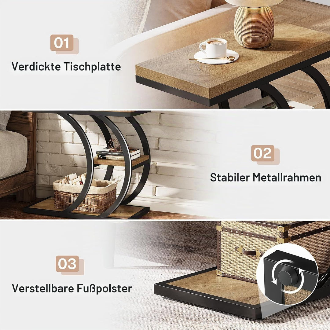 Tribesigns Beistelltisch, 3 Ablagen Nachttisch Schmal mit Stauraum, C-Förmig Sofatisch Holz, Industr