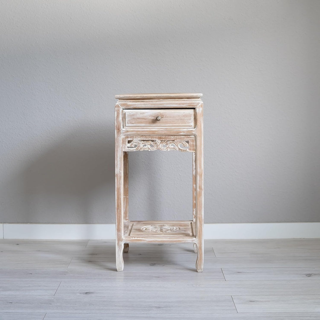 livasia Teakholzschränkchen mit Schnitzerei Hellbraun, Nachttisch, Kommode, Nachtschrank, aus Java (