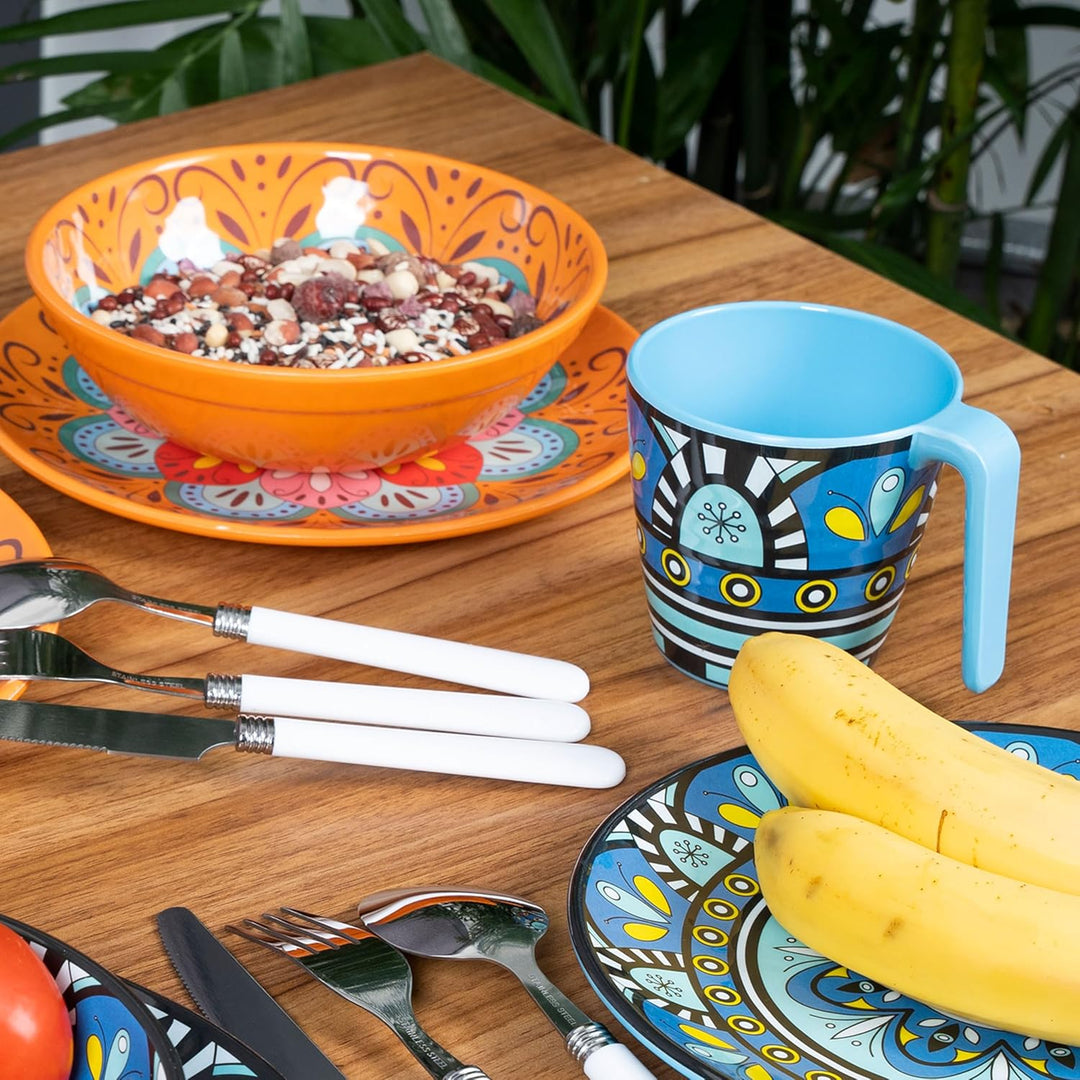 Melamin Geschirr Set Toskana Pastel für 4 Personen - Orange-Blau - Mandala-Optik Spülmaschinengeeign
