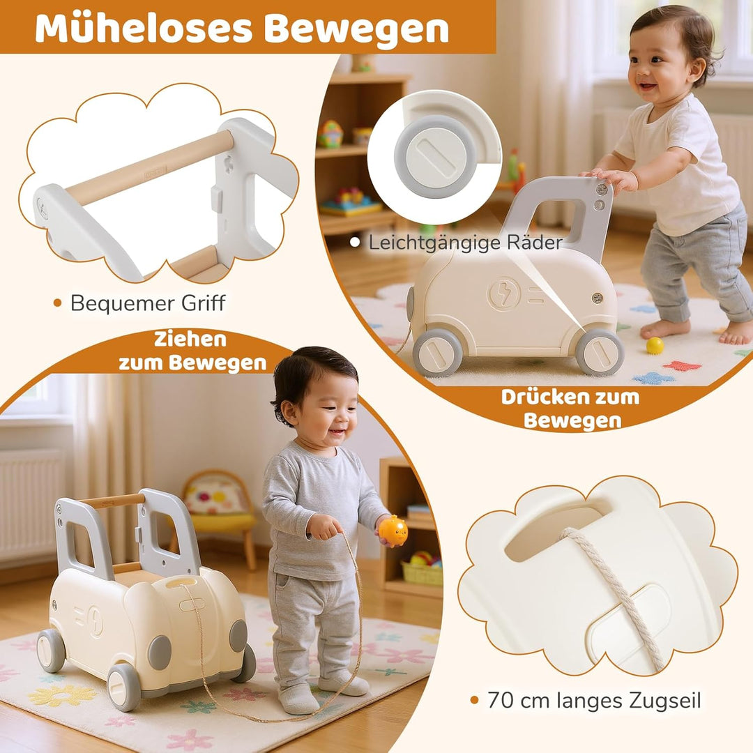 COSTWAY Baby Lauflernwagen, Lauflernhilfe mit Griff & Zugseil & Klappsitz, Spielzeugkiste auf Rädern