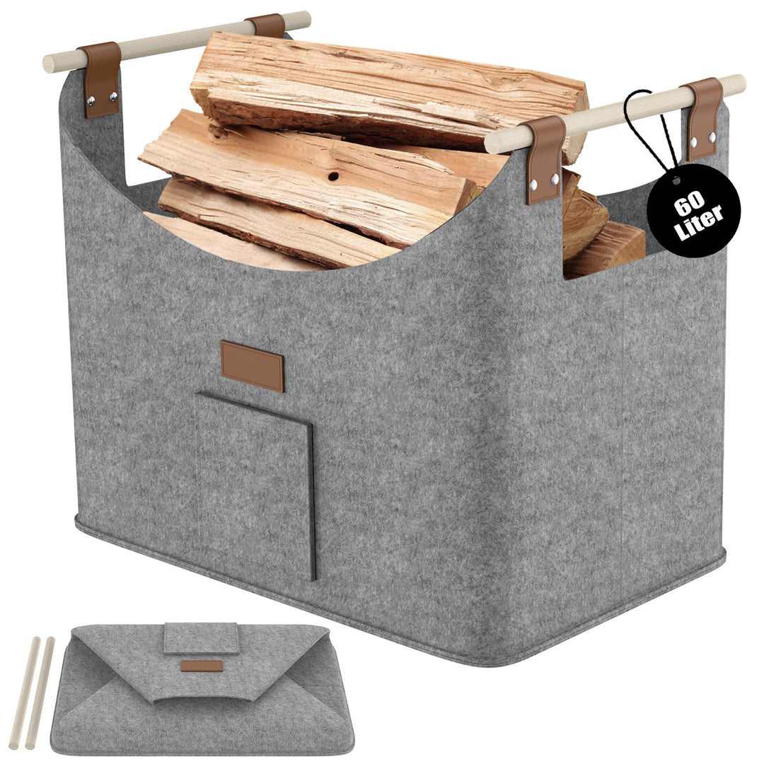 2 Stück Filz Holzkörbe Kaminholztasche mit Holzgriff Faltbare Kaminholzkörbe Innen &amp; Aussen 60L Vlie