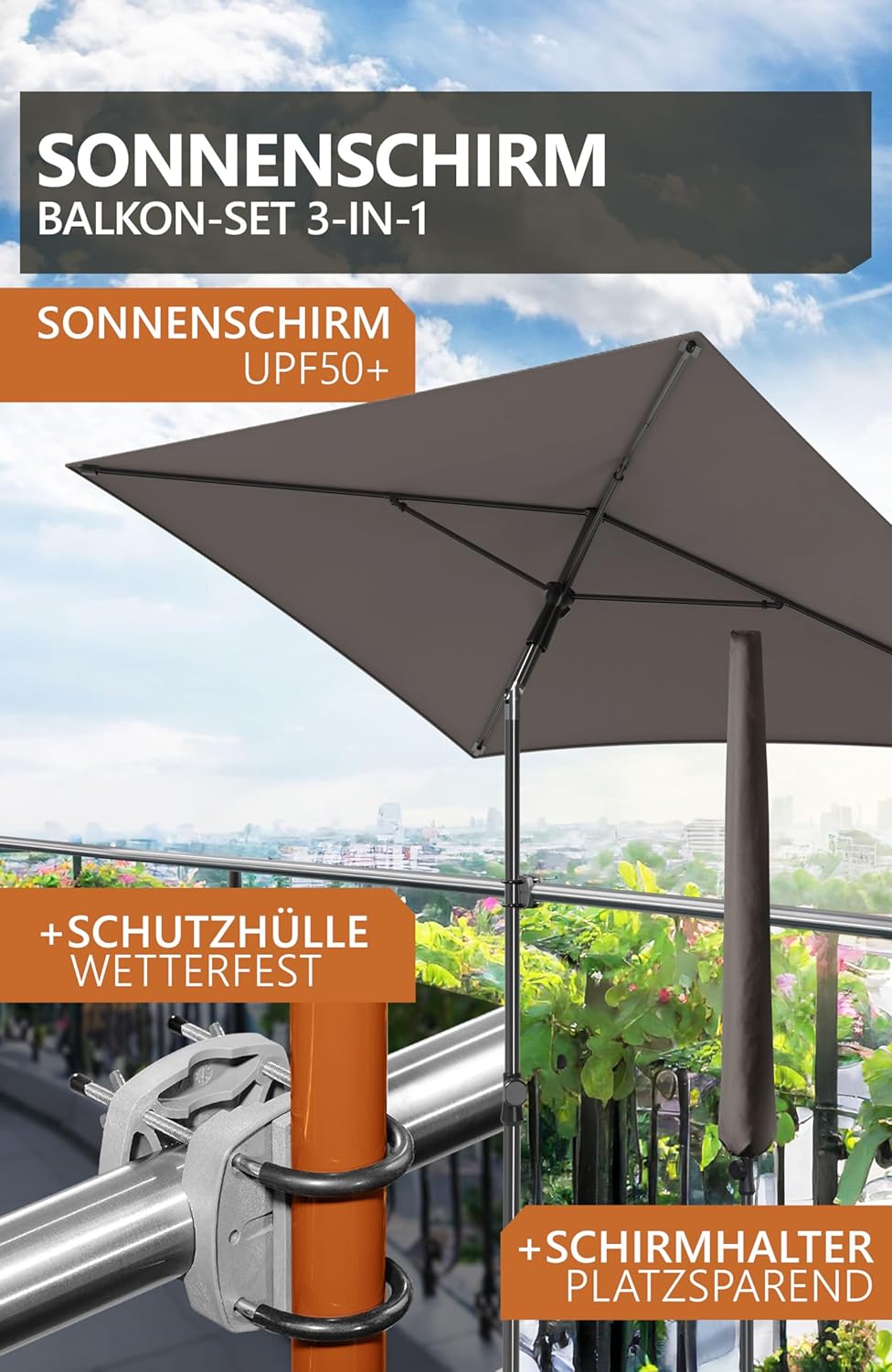 4smile Sonnenschirm Balkon SunnyShade Plus, Sonnnenschutz Balkon SET 3-in-1, Anthrazit - UV50+ Sonne