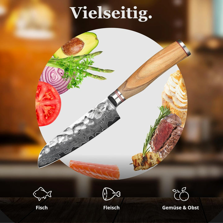 zayiko Olive Damastmesser kleines Santoku 12cm Klinge extrem scharf aus 67 Lagen I Damast Küchenmess