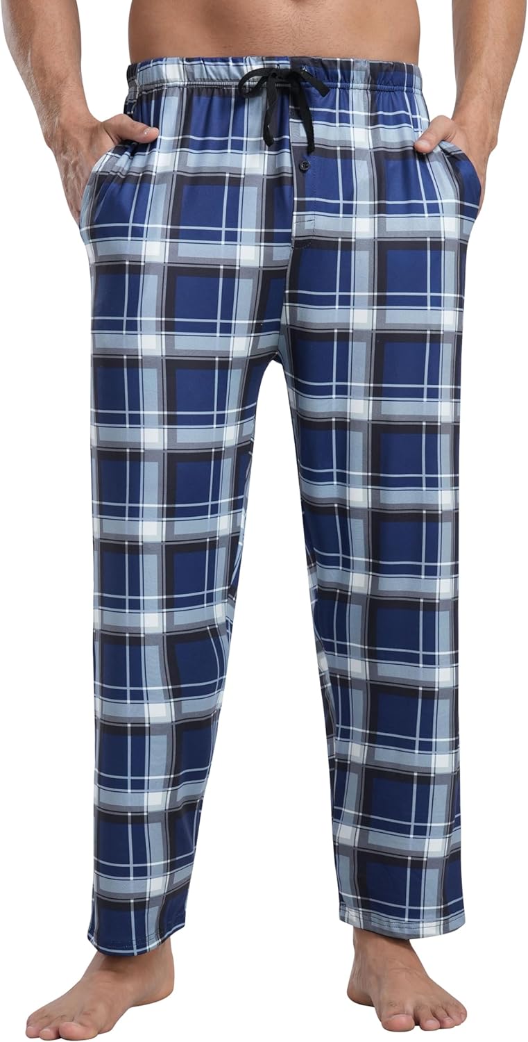MoFiz Herren Schlafanzughose Baumwolle und Polyester Pyjamahose Lange Karierte Freizeithose Loungeho