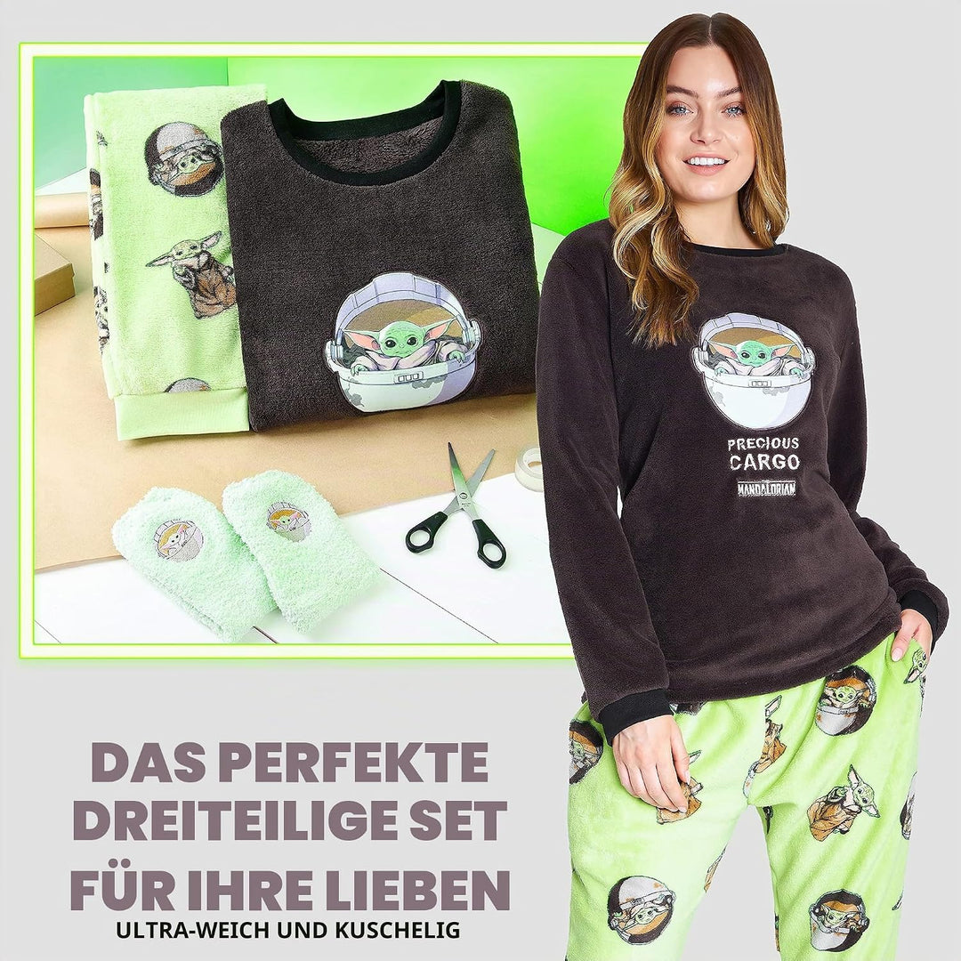Disney Schlafanzug Damen mit Kuschelsocken Set Charaktere Stitch Geschenke Set S Grün Mandalorian, S