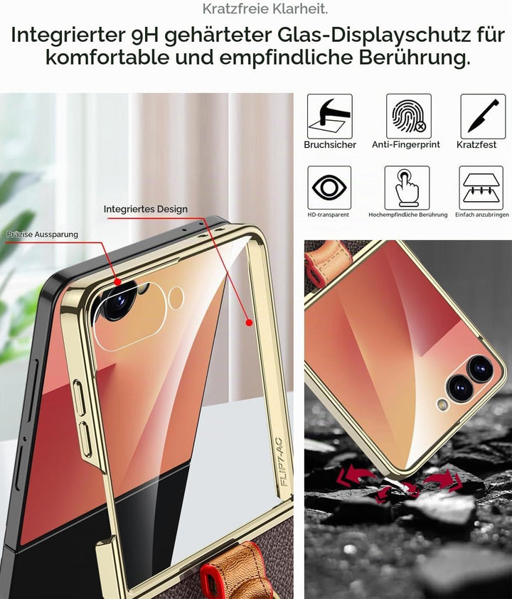 Miimall Lederhülle Kompatibel mit Samsung Galaxy Z Flip 7 Hülle mit Band+Ring Ständer [HD Displaysch