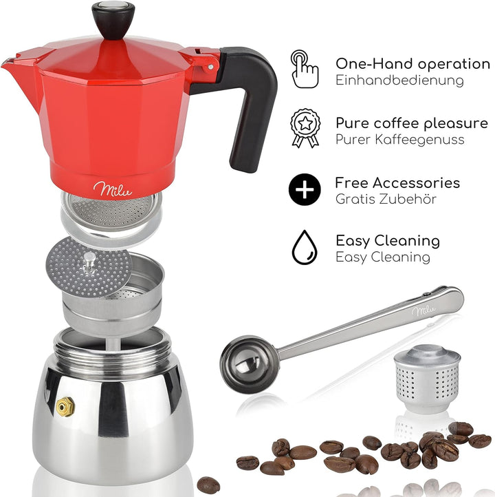 Milu Espressokocher Induktion geeignet | 3, 6, 9 Tassen | Aluminium Mokkakanne, Edelstahl Espressoka