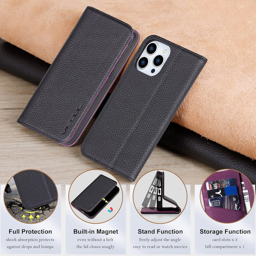 VISOUL Hülle für iPhone 13 Pro, Schutzhülle [Echt Leder] [Schützt vor Stoss] [Kartenfach] [Magnetver