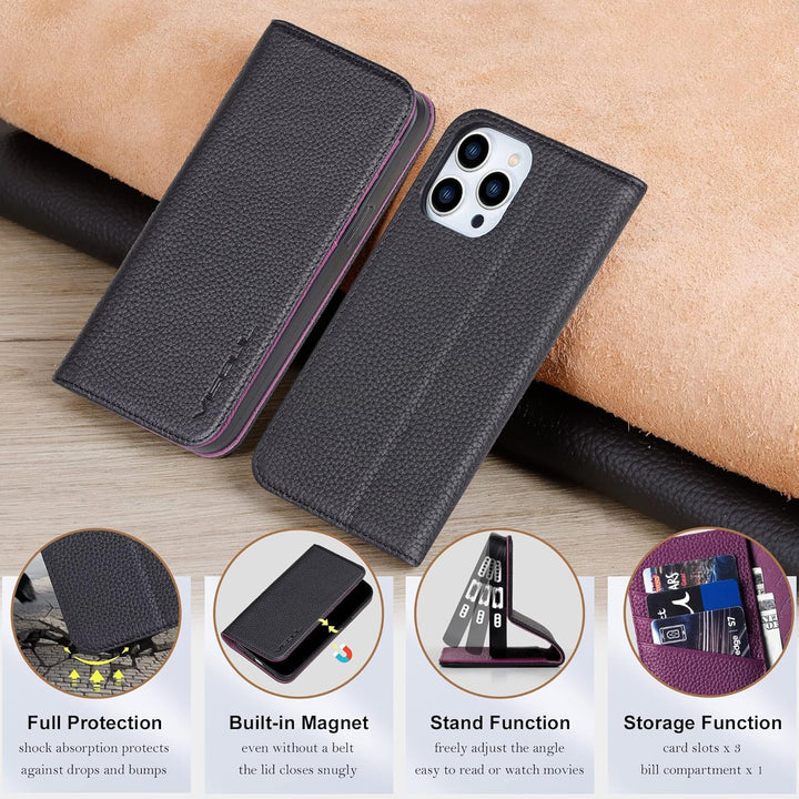 VISOUL Hülle für iPhone 13 Pro, Schutzhülle [Echt Leder] [Schützt vor Stoss] [Kartenfach] [Magnetver
