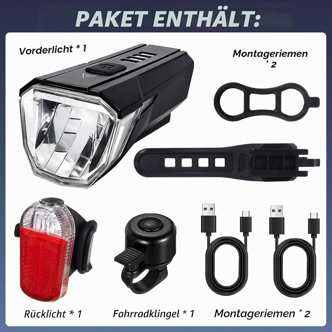 Fahrrad Licht Set Powerful USB, Fahrradlampe Vorne und Hinten Rechargeable, Wasserdicht IPX6, Kabell