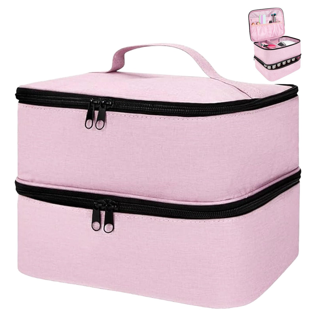 ADERTOS Nagellack Aufbewahrung Tasche Doppelschicht Rosa Nylon Kosmetiktasche Make Up Organizer für