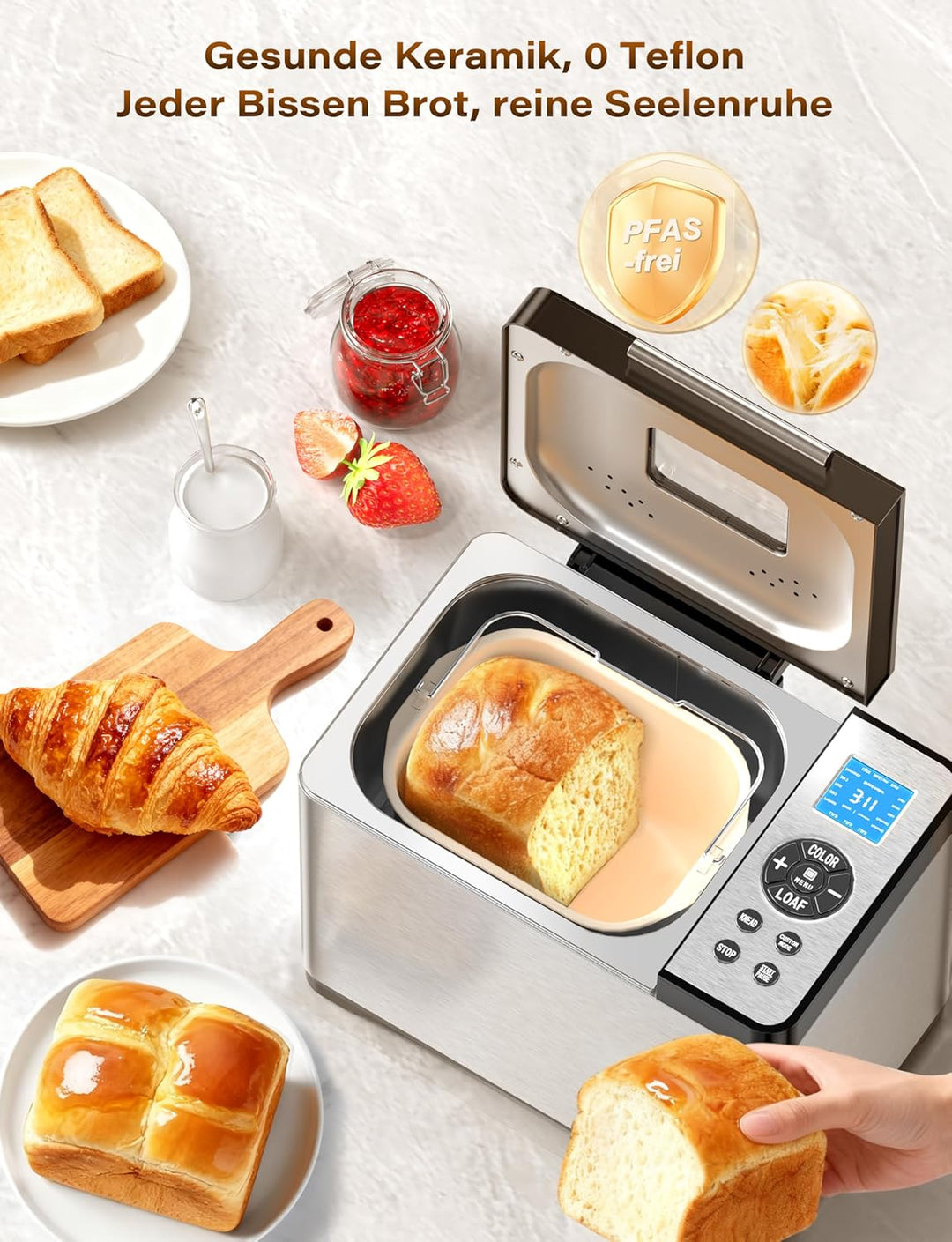 Brotbackautomat 1kg Edelstahl mit Keramikpfanne, 19 Automatischer Programme inkl. individuell progra