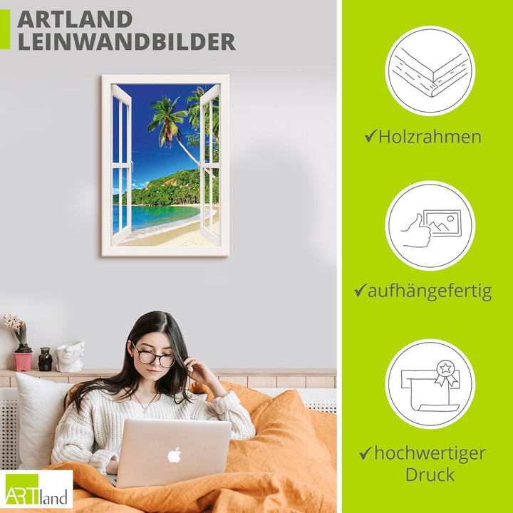 ARTland Leinwandbilder Wandbild Bild Leinwand 70x100 cm Fensterblick Karibik Südsee Strand Meer Inse