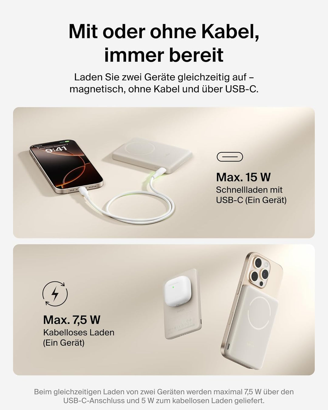 Belkin BoostCharge 5000mAh Magnetische Power Bank mit Magnetring – Beige | 5K Powerbank Kabellos, Ma