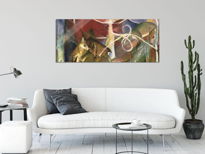 Pixxprint Glasbild Panorama, Wandbild aus Echtglas, Franz Marc - Rehe im Wald I, 100x40 cm, inkl. Au