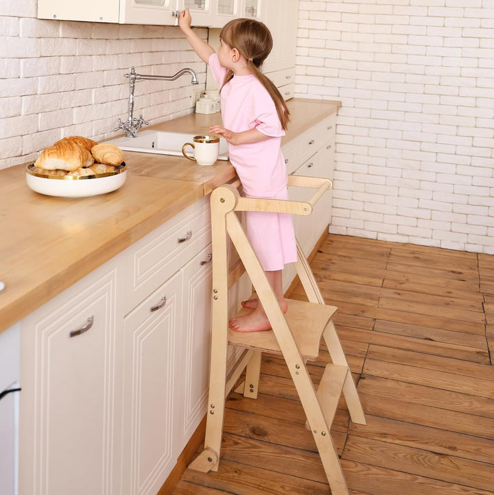 Goodevas Holz Lernleiter Montessori platzsparend: Klappbare Lernleiter, Hocker für Kinder, Faltbare