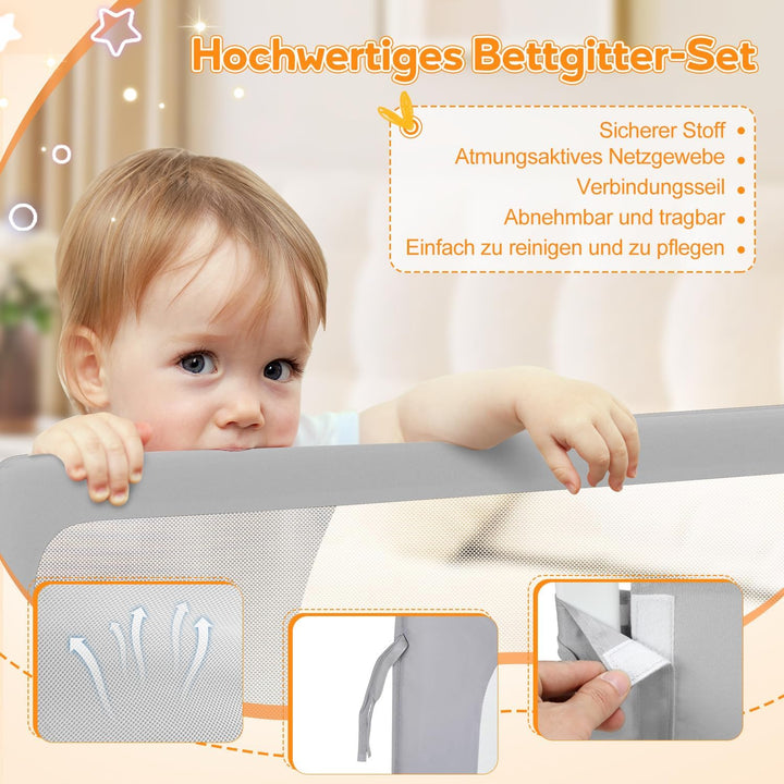 Bettgitter Rausfallschutz Bett, Rausfallschutz Boxspringbett 180cm, höhenverstellbar 72-86 cm, zusam