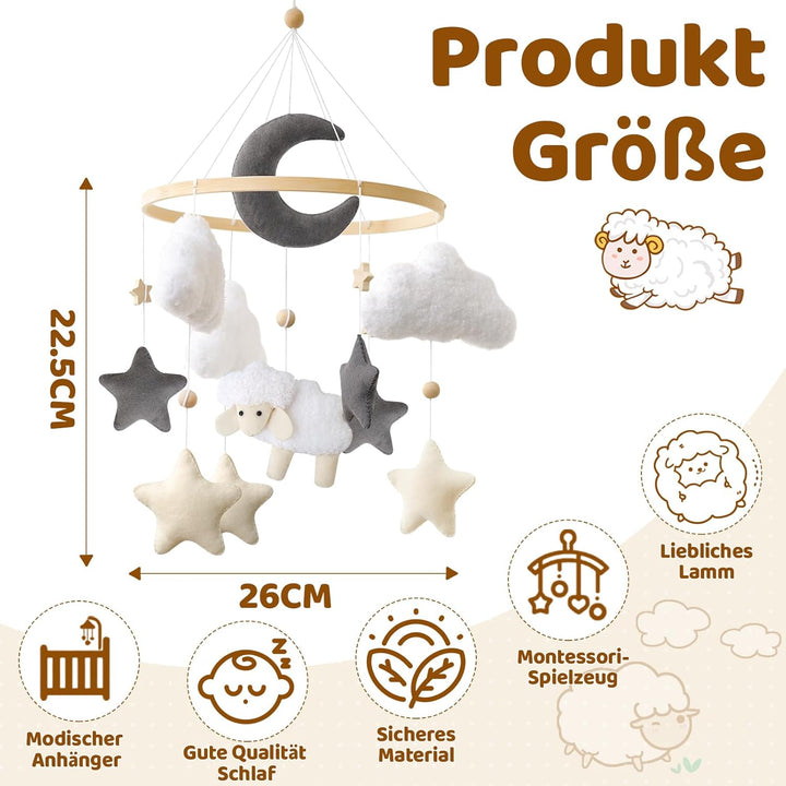 Schaf Mobile Baby Hölz Babybett Süsses Lämmchen Mobile Baby Windspiel mit Filzbällen Wolke und Stern