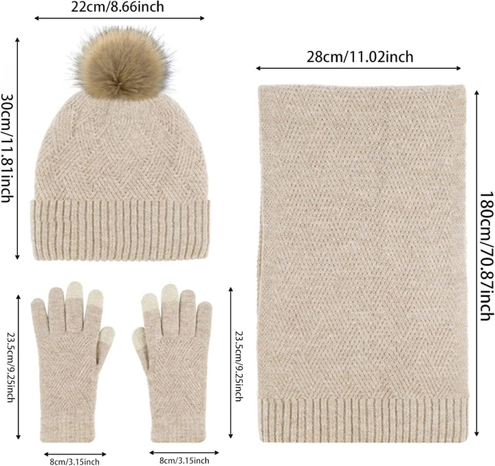 Damen Bommelmütze, Schals, Handschuhe, Set, Thermo, Winter, warm, Strickmütze, Halswärmer und Touchs