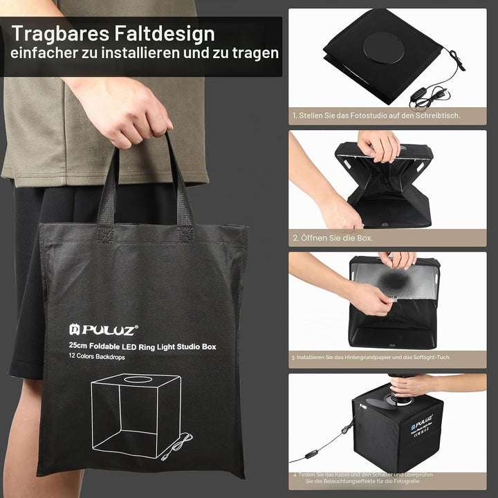 PULUZ Fotostudio Lichtbox 25cm Lichtzelte Fotografie klein Light Box Tragbare Faltbare Desktop Schie