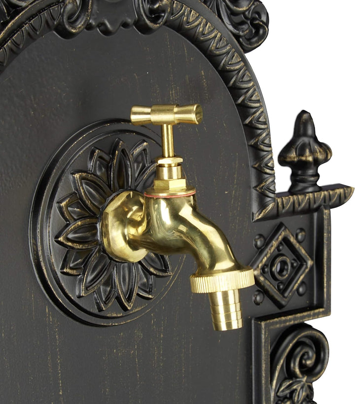 Relaxdays XL Wandbrunnen antik, mit Wasserhahn, nostalgisch, Waschbecken Garten, Aluguss, HBT 75 x 4