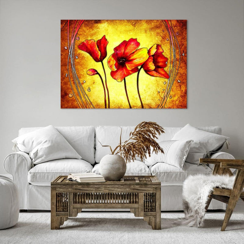 Bilder auf Leinwand 100x70cm Leinwandbild Blumen Schilder Stiel Linien Gross Wanddeko Bild Schlafzim