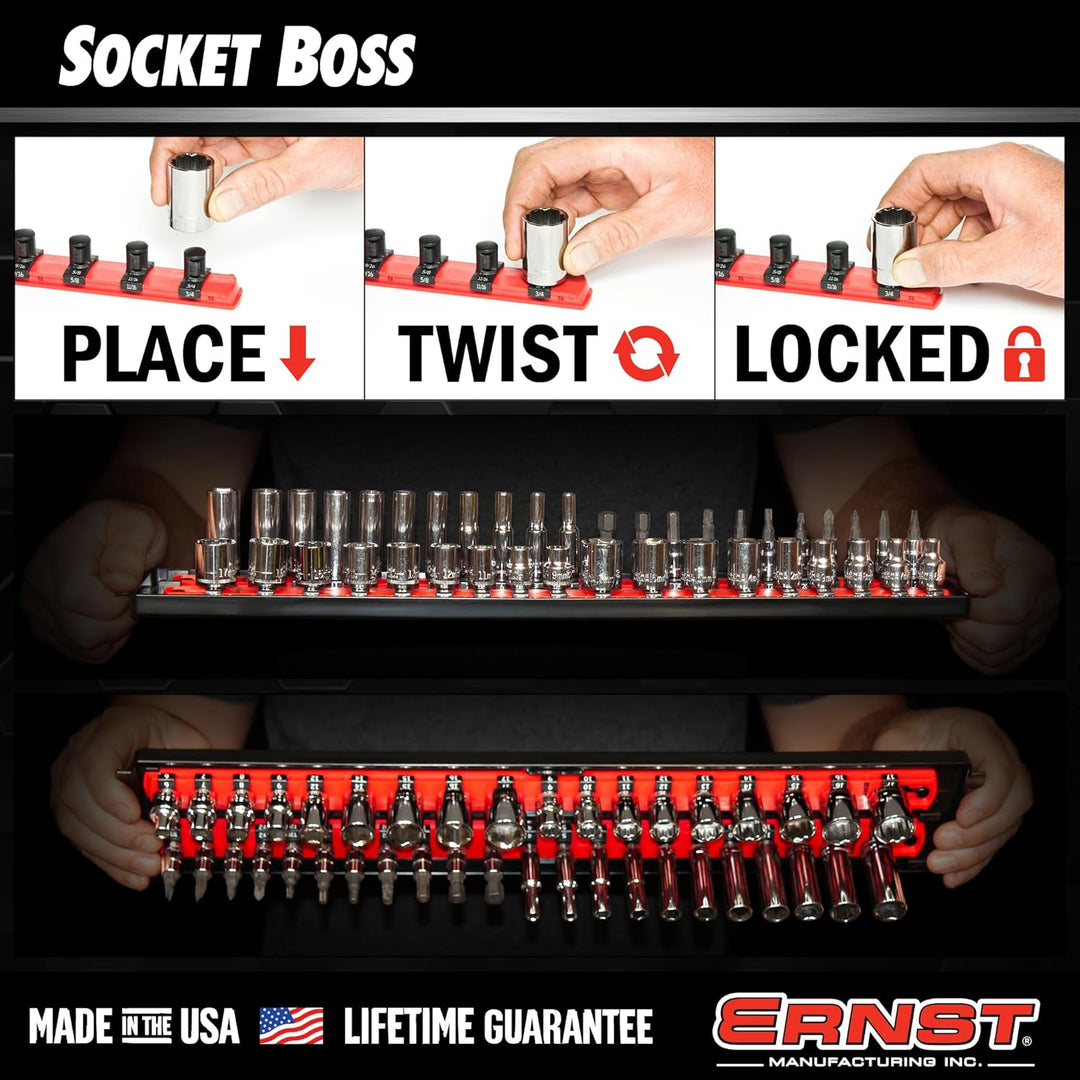Ernst Twist-Lock Stecknuss Boss, Premium 2-Schiene, 3/8-Zoll-Antrieb, Steckschlüssel-Organizer, 48.3