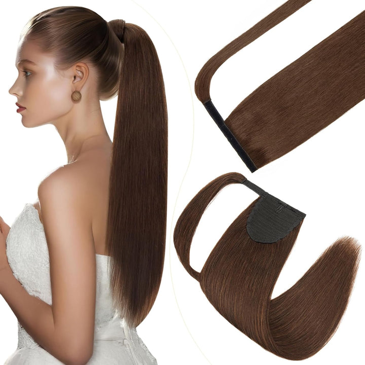 Elailite Ponytail Extension Echthaar #2 Dunkelbraun, Haarverlängerung Zopf Haarzopf Pferdeschwanz Ha