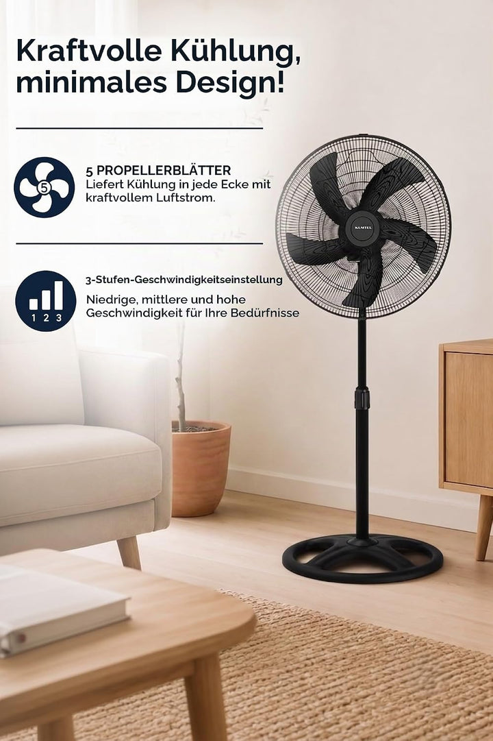 Opviq Kumtel Verstellbarer schwarzer Ventilator, 60 W, 50 x 50 x 132 cm | 3 Geschwindigkeitsstufen,