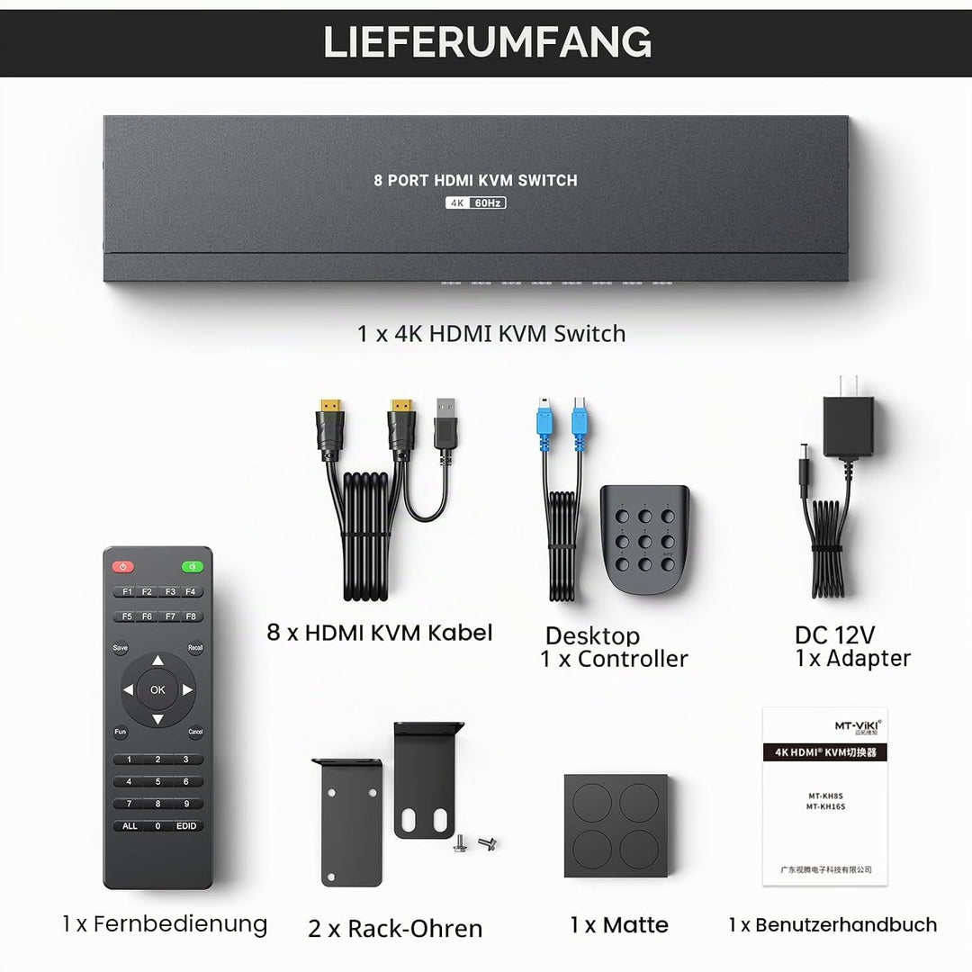 MT-VIKI 4K@60Hz HDMI KVM Switch 8 Port mit 8 Kabeln & 3,5mm Audio 19'' 1U Rackmount-KVM-Switch mit 4